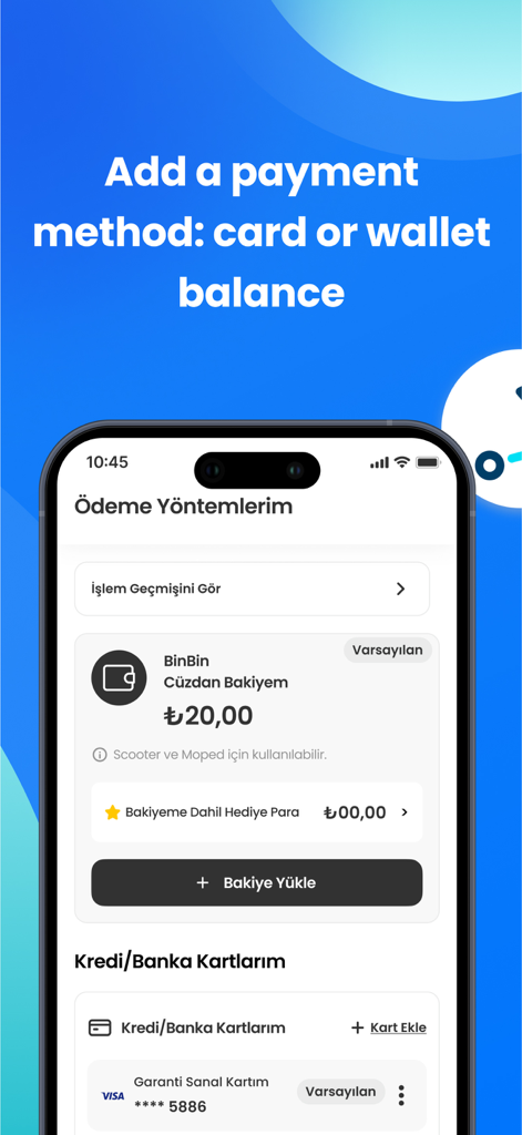 BinBin Scooters app payment methods screen showing wallet balance and credit card options