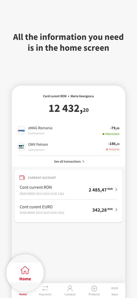 YOU BRD - Interface of YOU BRD mobile banking app home screen displaying account balances and recent transaction history