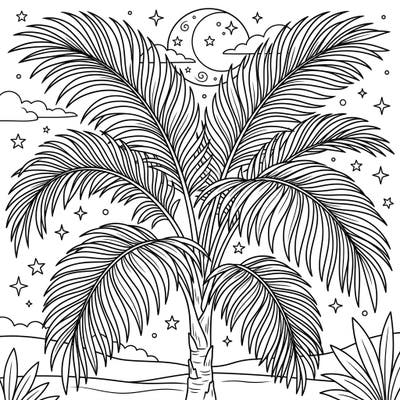 Unwind with this captivating Areca Palm Leaf coloring page, beautifully set against a serene night sky. Explore intricate fronds and celestial details for a truly relaxing creative escape.