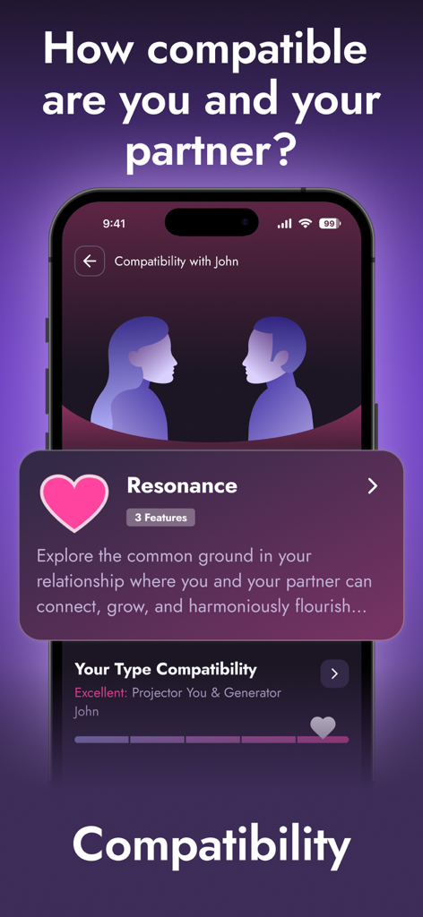 Mobile screen from Stella app showing relationship compatibility analysis between two people