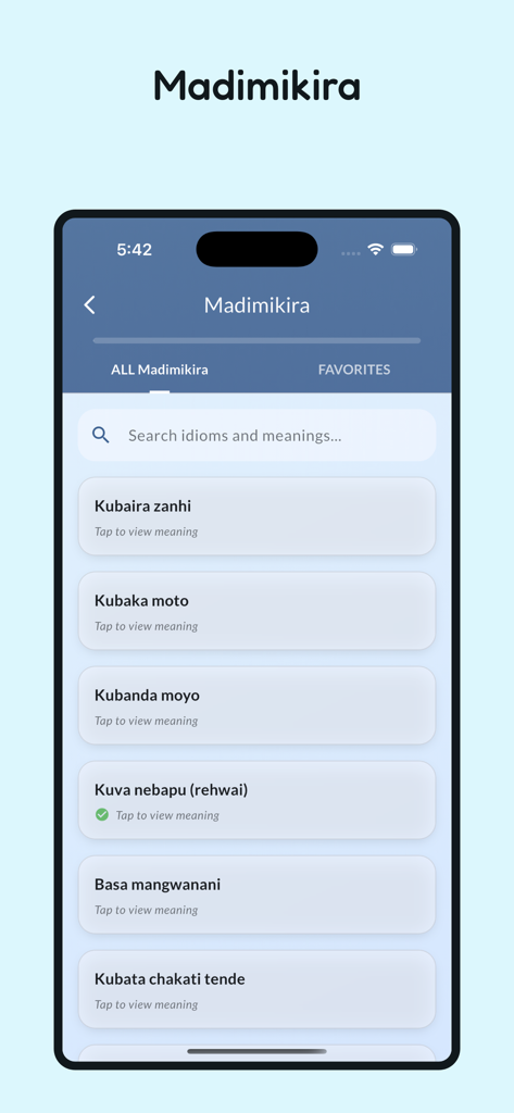 Interfaz de la aplicación Duramazwi mostrando una lista de expresiones e idiomas Shona bajo la categoría Madimikira.
