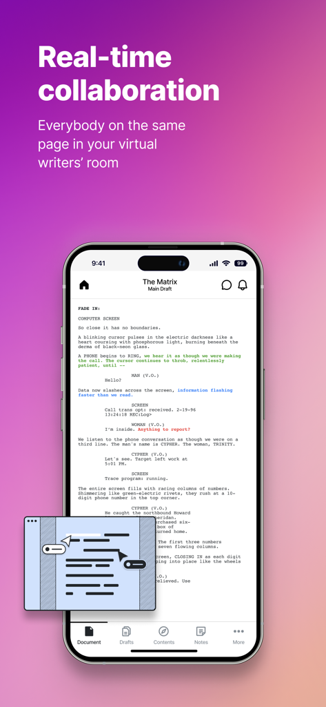 Arc Studio Screenwriting - iPhone screen showing the Arc Studio Screenwriting app with real-time collaboration on a professional screenplay
