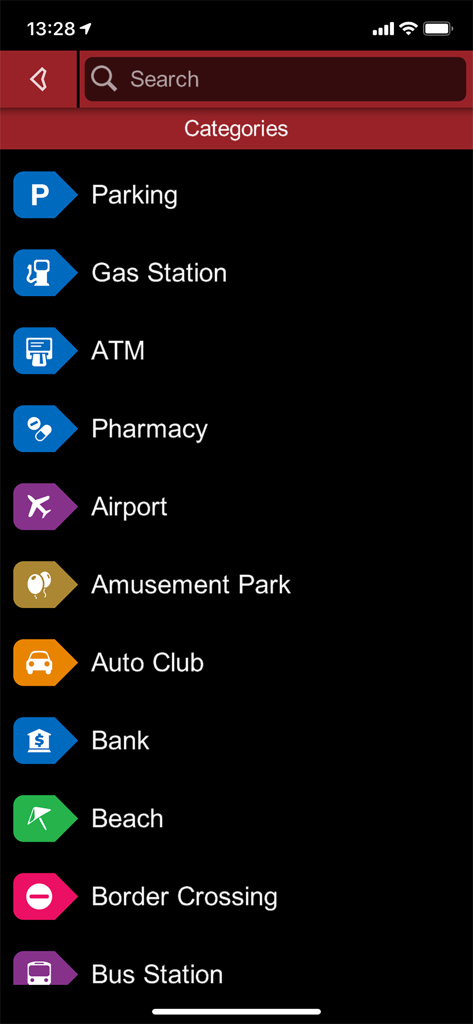 RTA Smart Drive - POI categories screen in the RTA Smart Drive navigation app