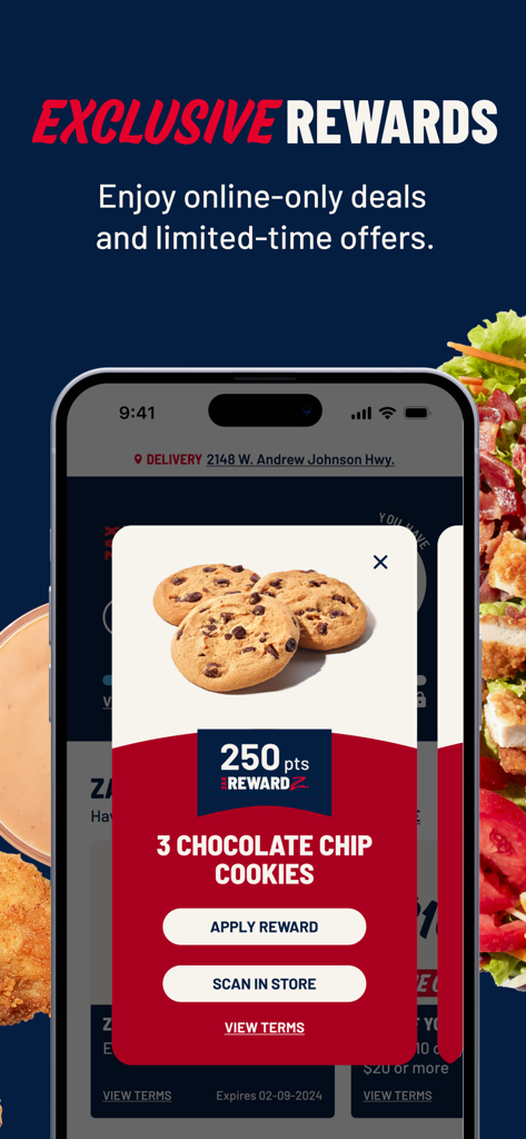 Zaxbys - Zaxbys app screen showing a reward pop up for three chocolate chip cookies for 250 points