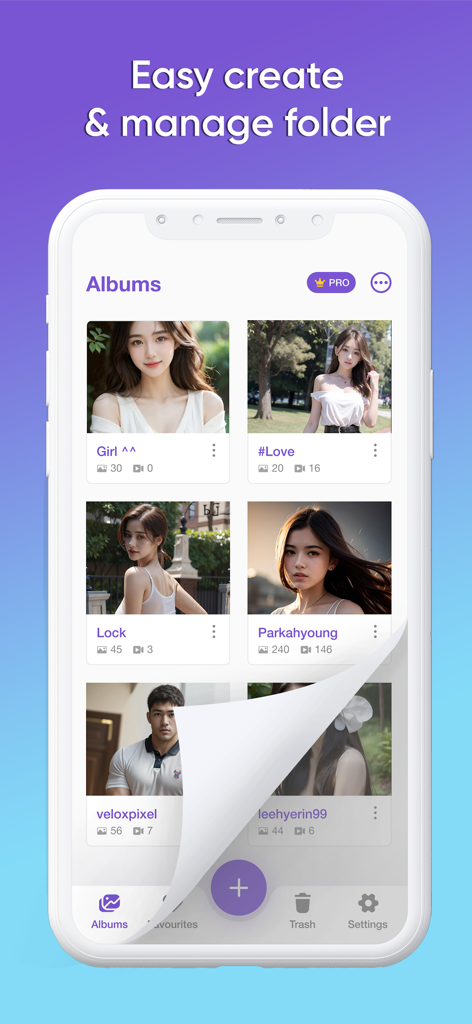 Photo vault - Photo lock app - Interface of the photo vault app showing a grid of private media albums and folder management