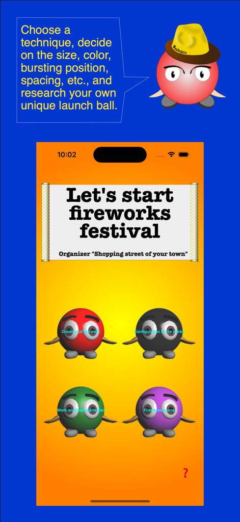 Let's start fireworks festival - Main menu of the Lets start fireworks festival app featuring colorful characters and customization options.