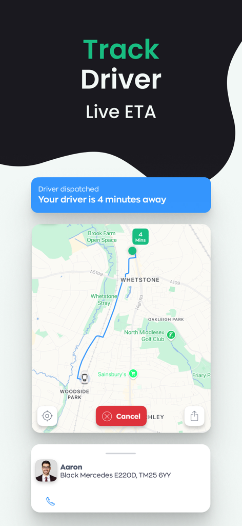Abetta - Rides & Couriers - Abetta app interface showing live driver tracking on a map with estimated arrival time and vehicle details