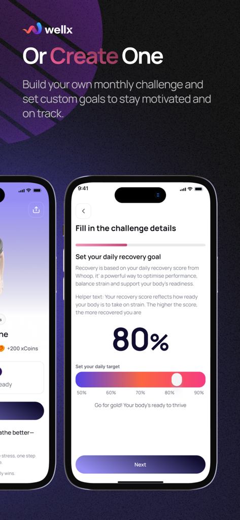 Wellx.ai - Wellx app interface for creating a custom monthly wellness challenge and setting a daily recovery goal