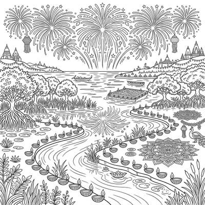 Immerse yourself in a spectacular fusion of nature and tradition with this Diwali-themed estuarine coloring page. Discover intricate details like sparkling fireworks, glowing diyas, and beautiful rangoli patterns set against a dynamic river landscape.