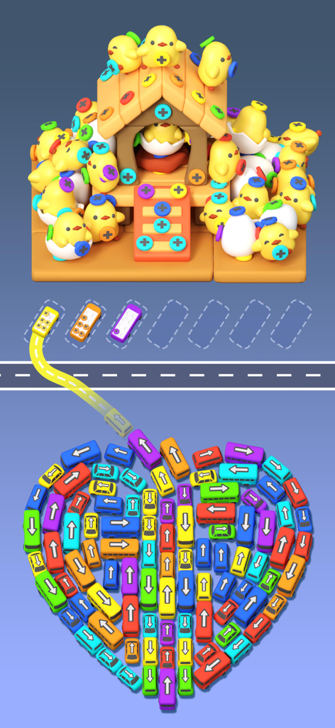 Screw Parking - Escape games - A heart shaped puzzle grid of colorful cars and matching screw mechanics in Screw Parking.