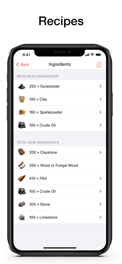 Captura de pantalla de la aplicación móvil que muestra un desglose detallado de las recetas de fabricación y los ingredientes básicos para ARK Survival Evolved.