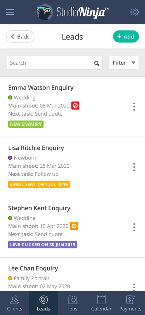 Studio Ninja app leads screen displaying a list of photography client inquiries with project statuses and shoot dates