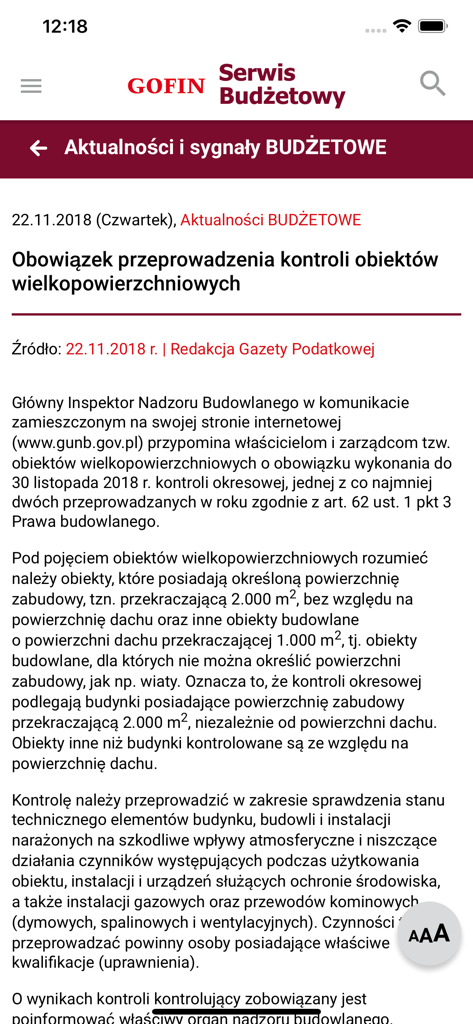 Professional news article about budget regulations and inspections in the GOFIN Serwis Budzetowy mobile application.