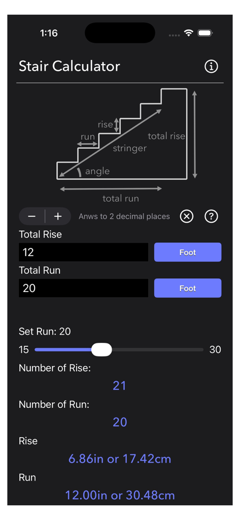 Stair Calculator Plus app screen showing stair rise and run calculations with a diagram