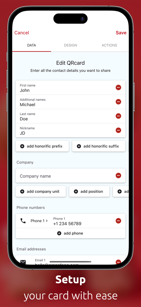 QRcard - digital business card - Smartphone screen showing the setup of a digital business card with contact information fields