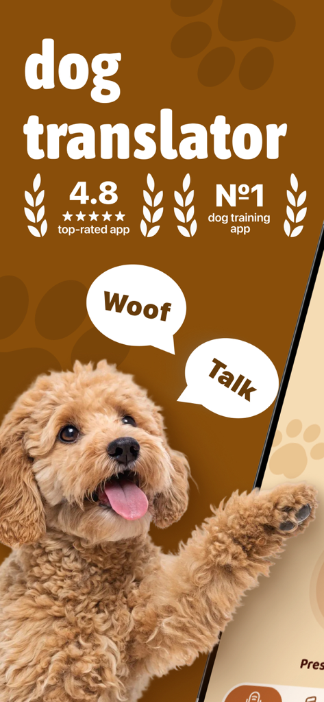 Dog Translator+‎ - Dog Translator plusアプリの紹介画面。かわいい犬と、「ワン」「話す」という吹き出しが表示されています。