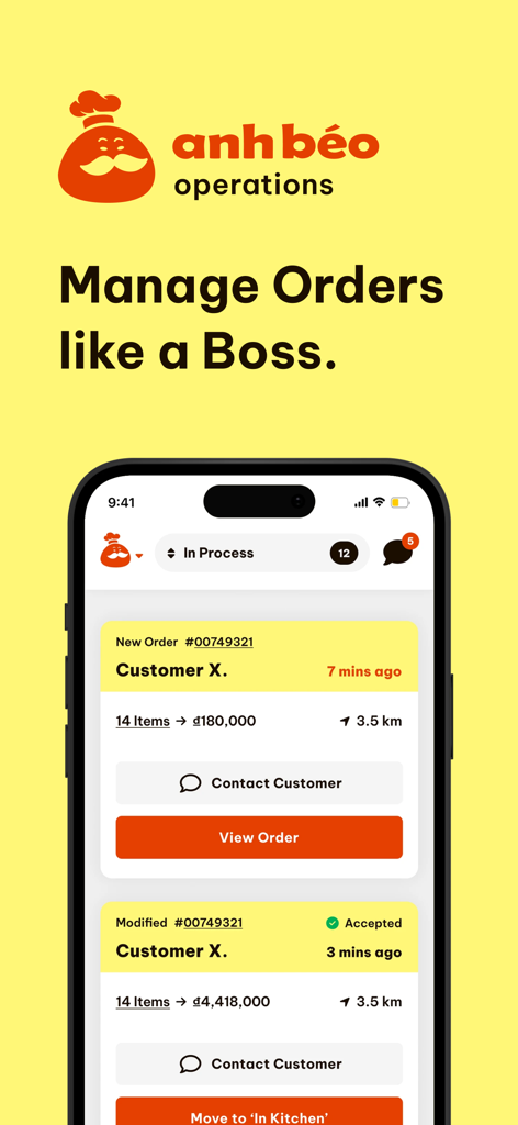 Anh Béo Operations - Anh Beo Operations mobile app interface showing a list of restaurant orders with status updates