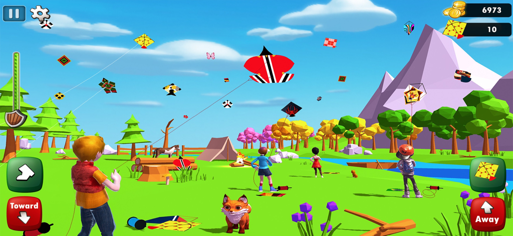 Kite Game 3D - Kite Flying - Una captura de pantalla de un juego móvil 3D que muestra a varios personajes volando coloridas cometas en un parque verde con montañas y un río.