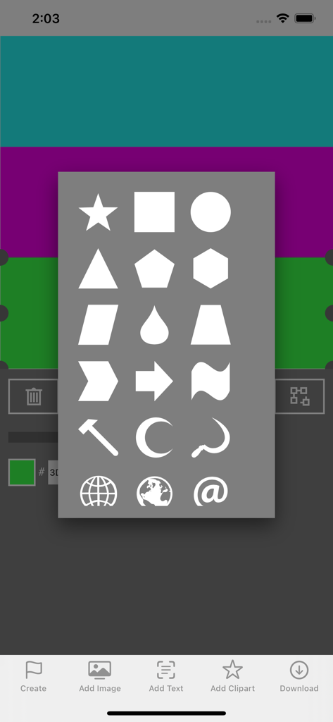 A menu displaying various vector clipart shapes and symbols for custom flag creation within the Flag Design app editor.