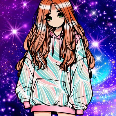 realistic girl with long hair and baggy sweat shirt