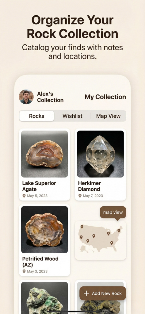 RockIn Rock & Mineral identify - Interfaz de una aplicación móvil titulada Organiza tu Colección de Rocas que muestra un catálogo digital de minerales con fotos y ubicaciones en un mapa