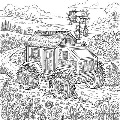 Embark on a unique coloring journey where cosmic exploration meets rustic charm with our Cottagecore Mars Rover template. This delightful design invites you to blend advanced technology with the cozy beauty of nature.
