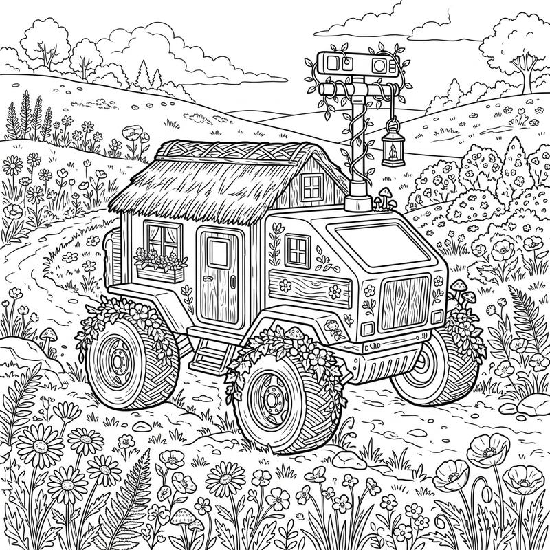 Embark on a unique coloring journey where cosmic exploration meets rustic charm with our Cottagecore Mars Rover template. This delightful design invites you to blend advanced technology with the cozy beauty of nature.