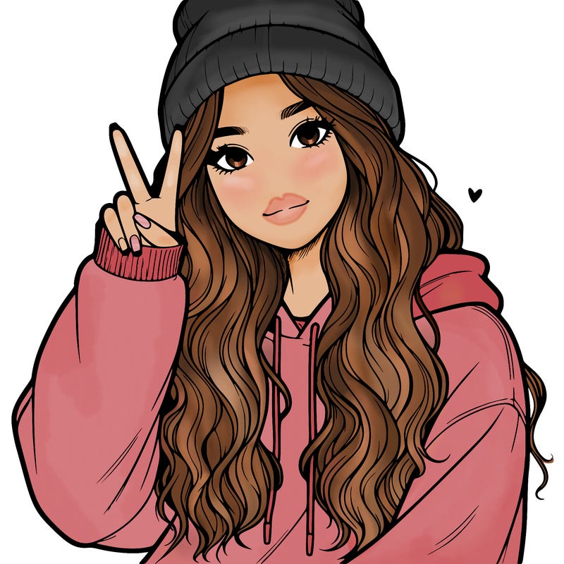 a teenage girl in a beanie, oversized sweatshirt, wavy long hair, and is showing a ✌️