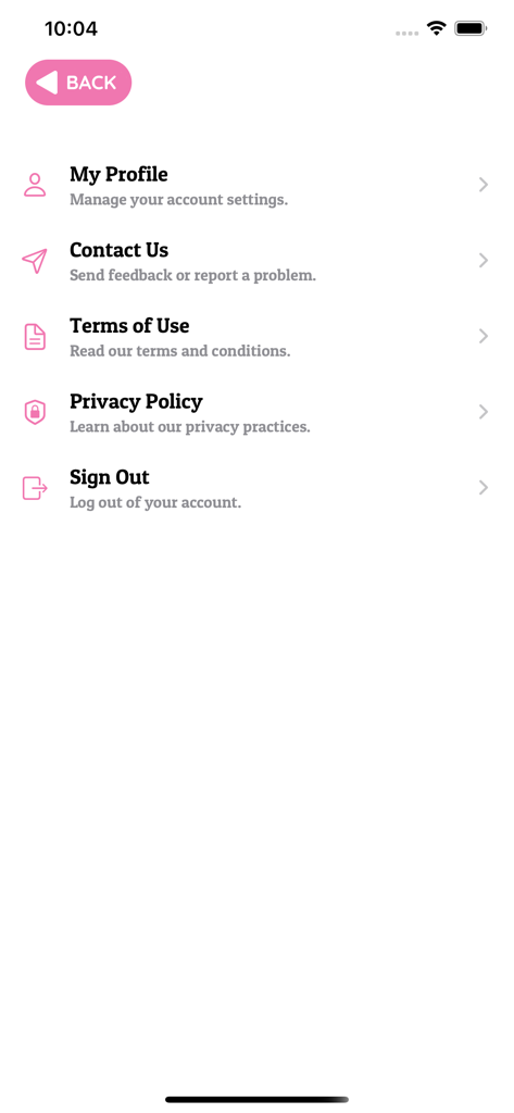 Settings screen of the BritVPN app showing options for profile, contact, terms of use, and privacy policy.