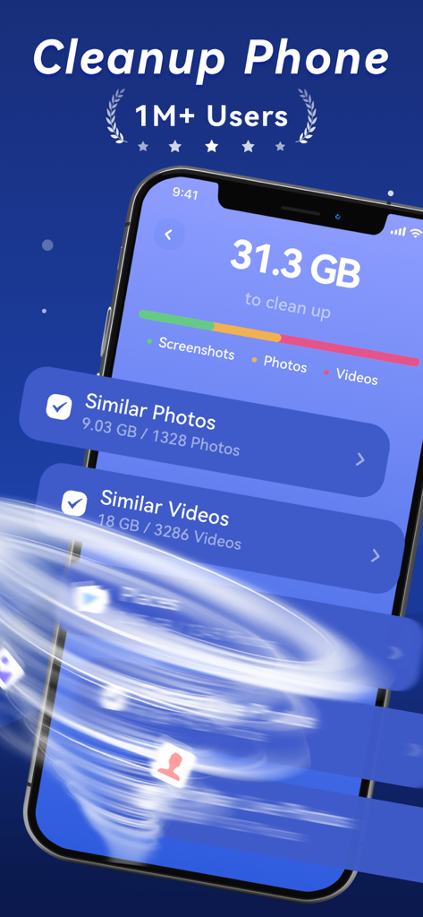 Instant Cleaner -Clean Storage - Instant Cleaner app interface showing 31.3 GB of storage to clean up including similar photos and videos