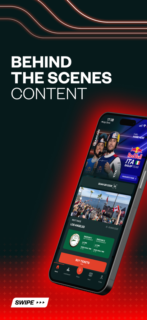 SailGP app screen showing behind the scenes content team profiles and race ticket booking