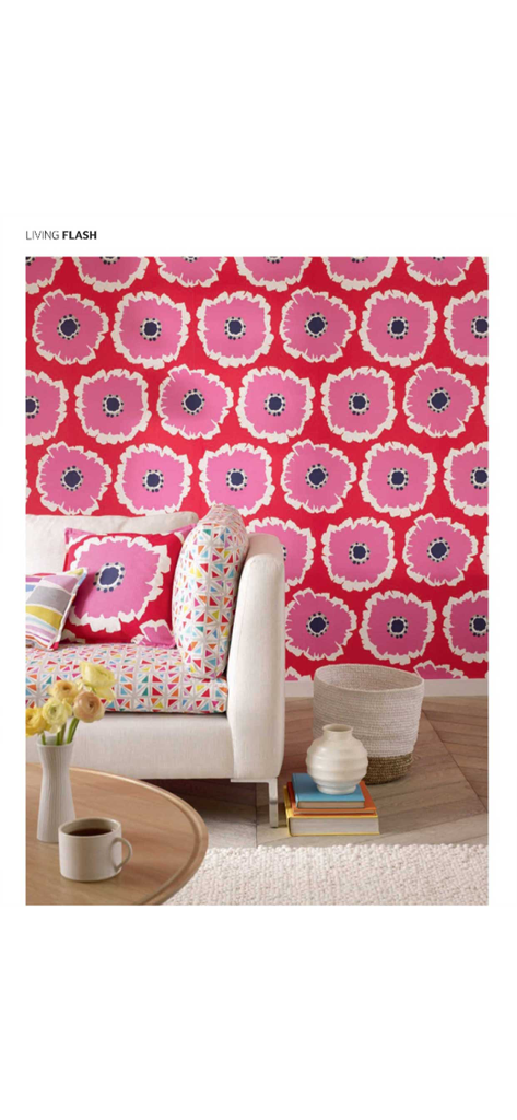 Casa Viva - Modern living room featuring vibrant red floral wallpaper and patterned sofa cushions from the Casa Viva app