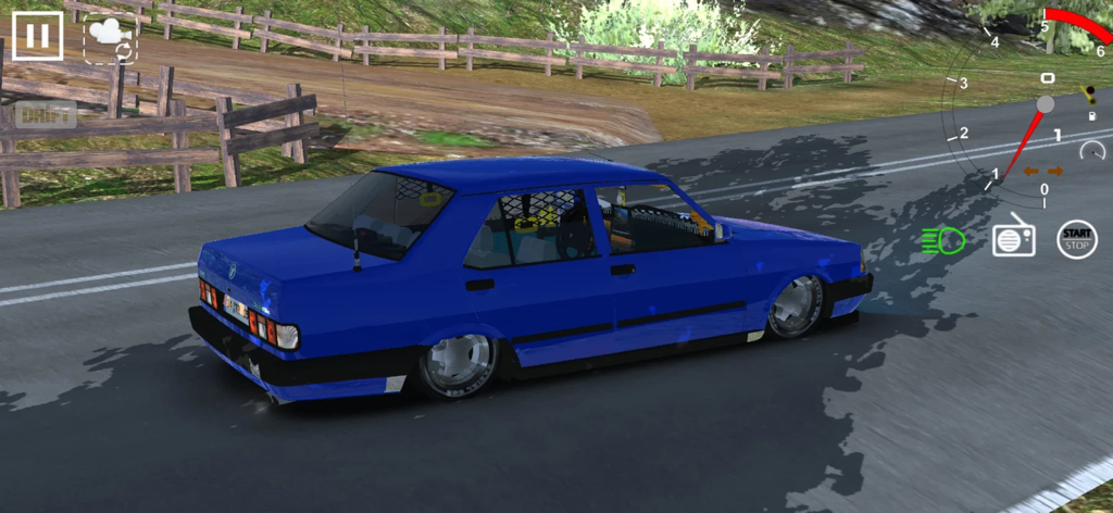 A blue modified Tofas Dogan car on a road in the Dogan Simulator 2 game