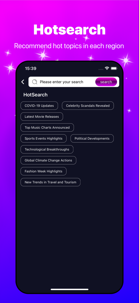 Gimme - The Hotsearch interface of the Gimme app showing trending global news and social tags.