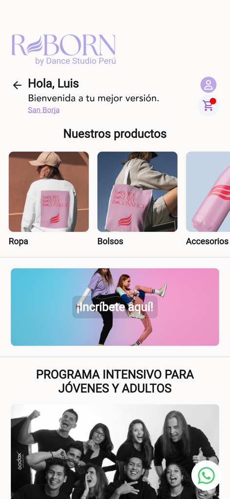 REBORN by Dance Studio Peru - Home screen of the REBORN by Dance Studio Peru app showing sections for clothing, bags, accessories, and intensive dance programs