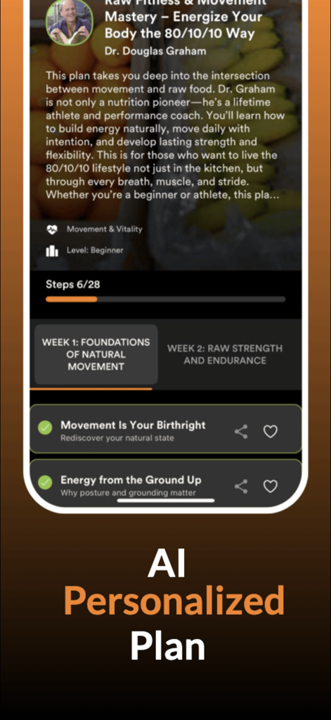 AI Personalized Plan screen in the 80 10 10 Diet app showing raw fitness and movement mastery programs