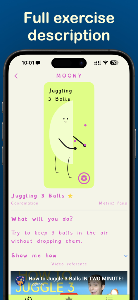A screenshot of the New Skills Everyday app displaying a detailed description and video tutorial for a juggling coordination challenge.