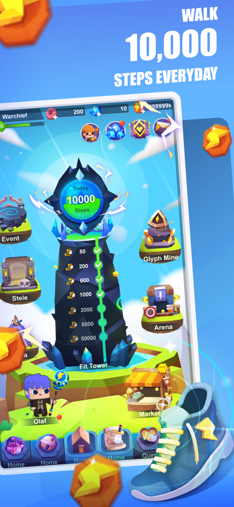 Fitness RPG: Hero health game - Fitness RPG game screen showing a step tracking tower and a 10,000 steps daily goal.