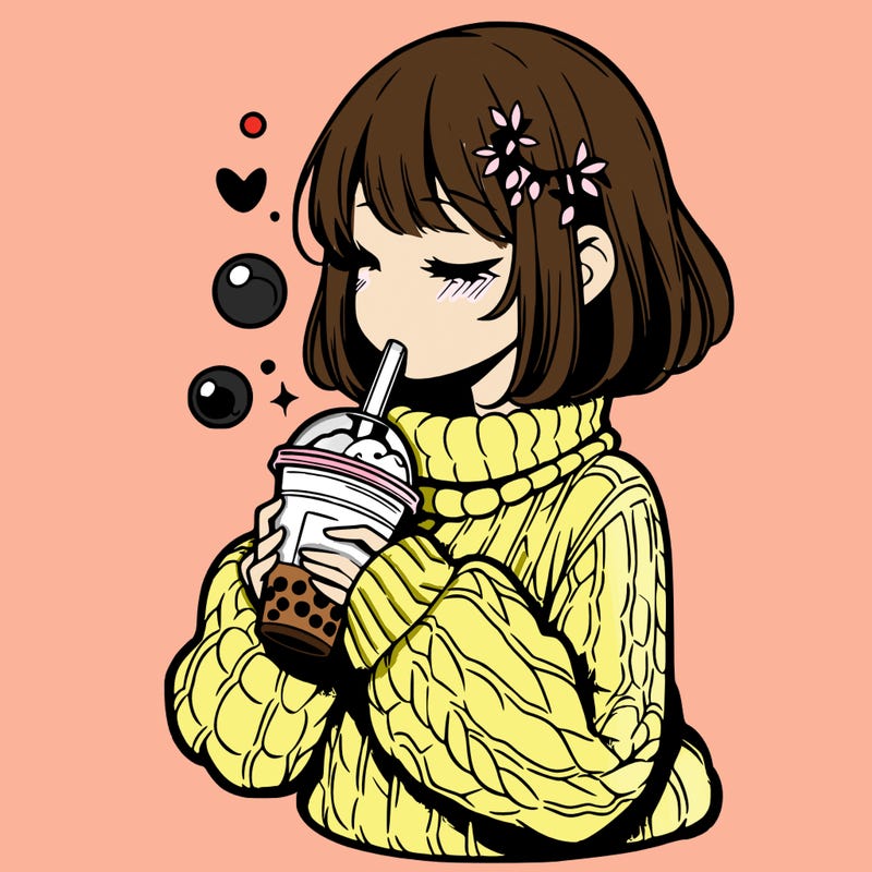 manga girl drinking boba in cozy sweater