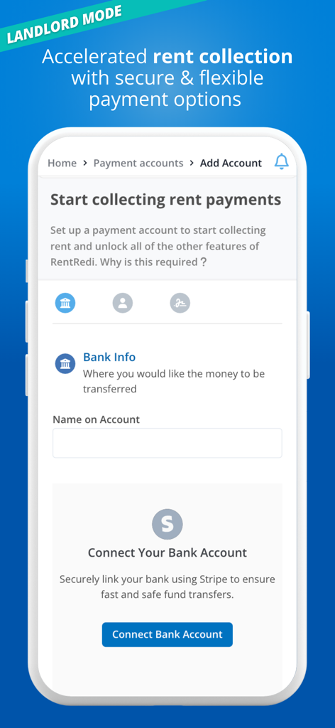 RentRedi landlord mode screen for connecting a bank account to receive rent payments