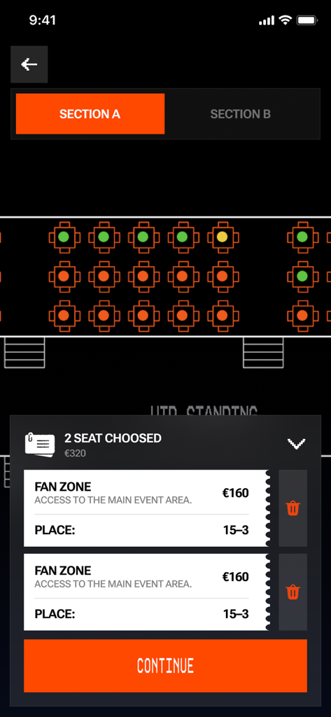 ETKO — Events & Tickets - Mobile app screen for choosing event seats with a seating plan and fan zone ticket details