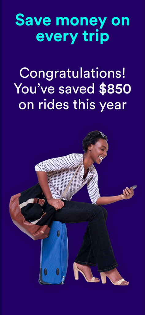 Obi - Get the cheapest ride. - A woman traveler sits on a suitcase smiling at her phone with text showing total annual savings on rides