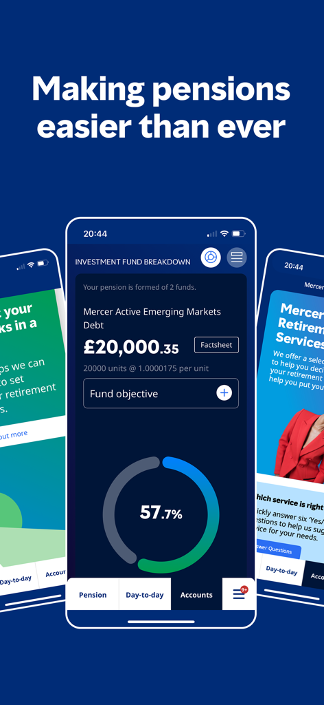 Mercer Money mobile app showing pension fund breakdown and investment details