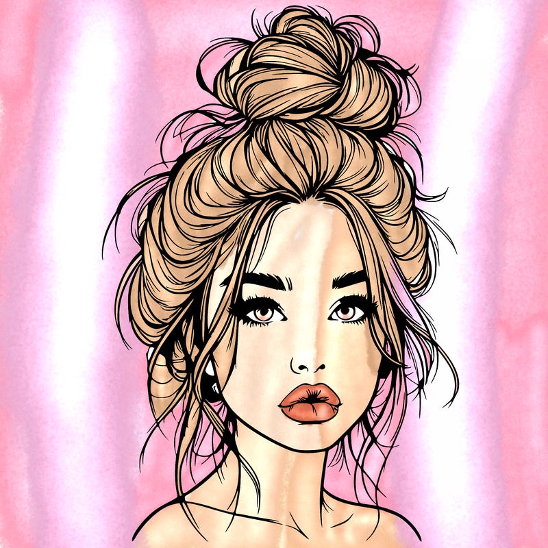 realistic girl with a messy bun and she has lips