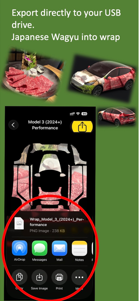 Wrap For Tesla - Wrap For Tesla app interface showing the export of a custom wagyu beef car wrap design to a USB drive