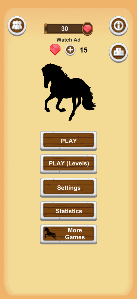 Horse Quiz - Main menu screen of the Horse Quiz app showing a horse silhouette and navigation buttons for Play, Levels, and Settings.
