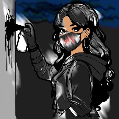 realistic girl with mask spray painting a wall