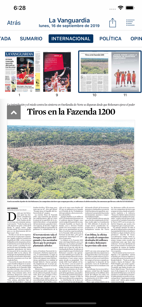 La Vanguardia edición impresa - Réplica digital del periódico La Vanguardia mostrada en la interfaz de una aplicación móvil.