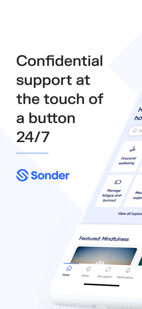 Sonder app display showing 24/7 confidential support for mental health, medical, and safety needs.