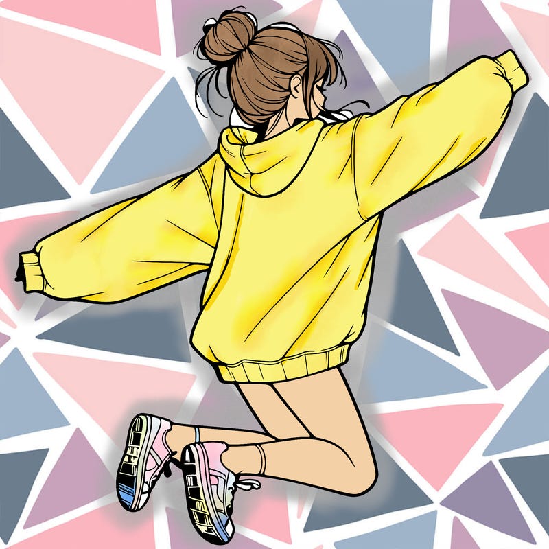realistic girl jumping with a bun and oversized sweatshirt
